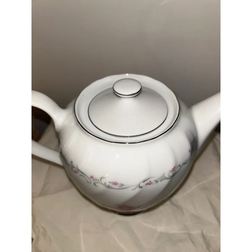 Royal Swirl Fine China Teapot Pink Rose Silver Trim Vintage Japan Floral Tea Pot